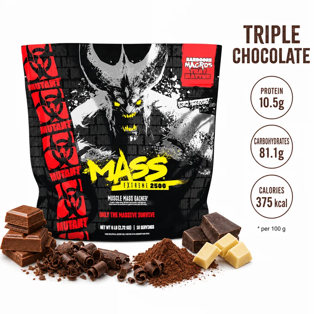 Mutant Mass Extreme 2500 high-calorie mass gainer powder in Triple Chocolate flavour, 2.72kg, with a whey protein blend.