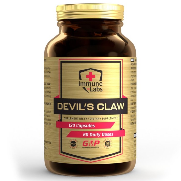 Immune Labs Devil's Claw dietary supplement, 120 capsules, herbal supplement for joint and inflammation support, gold and black label bottle.