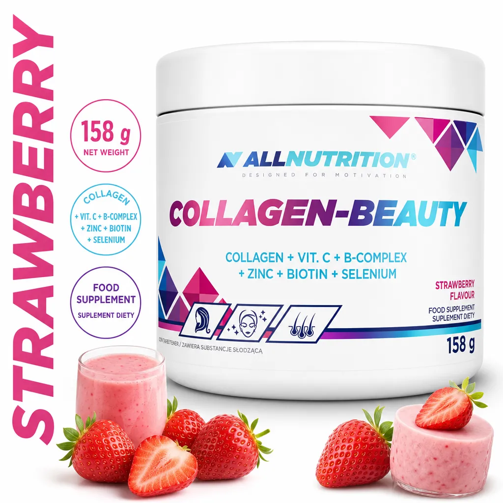Allnutrition Collagen Beauty 158g strawberry-flavoured collagen supplement powder with vitamin C, B-complex, zinc, biotin and selenium