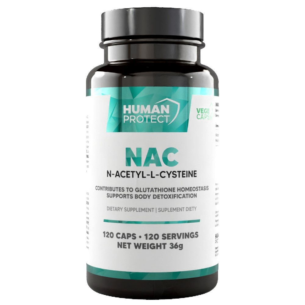 Close-up of Human Protect NAC 200mg 120 Vege Caps showing white capsules and product label details