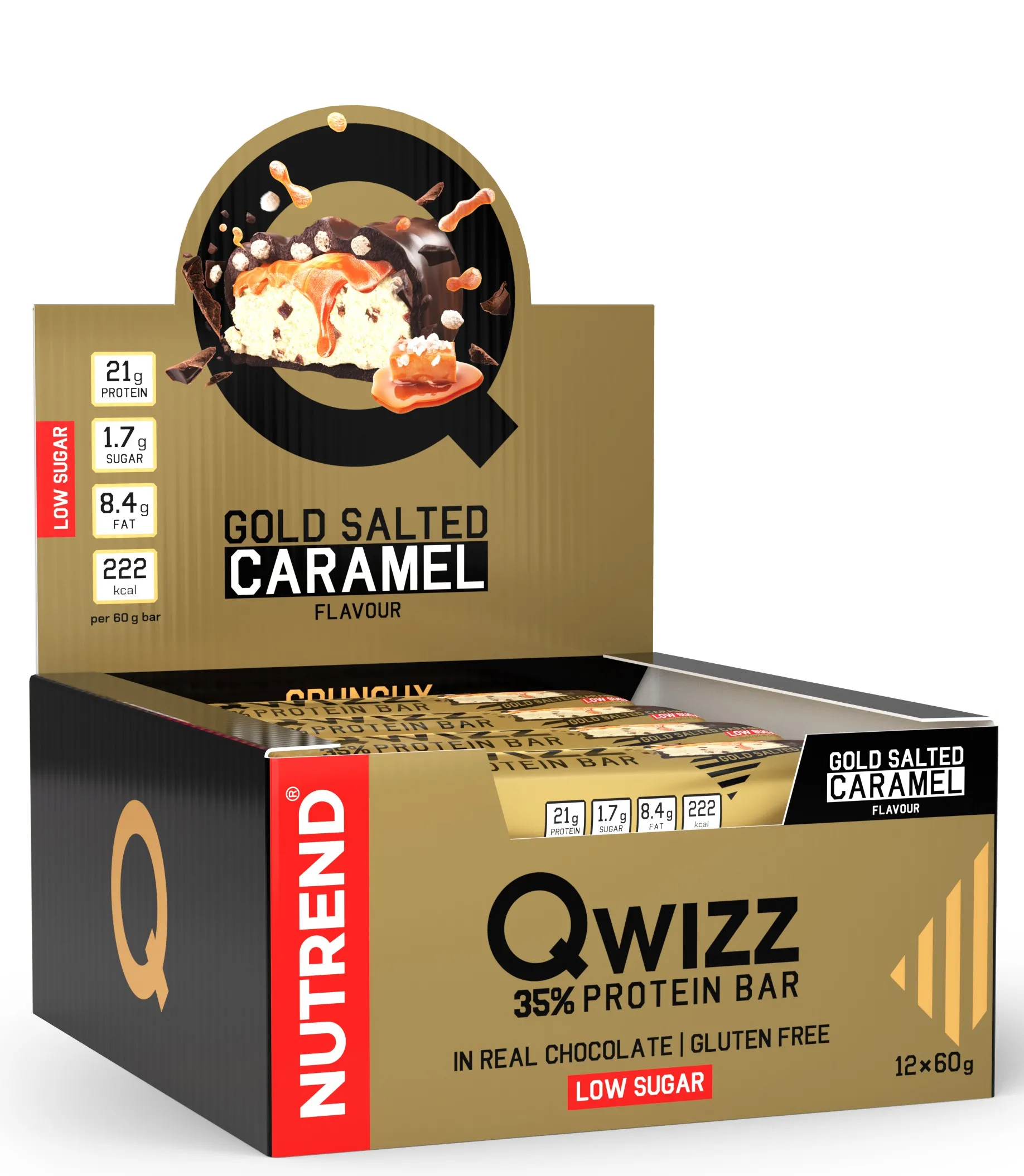 Nutrend Qwizz Protein Bar 60g x12 in Gold Salted Caramel flavour, chocolate-coated protein bars with 21g protein