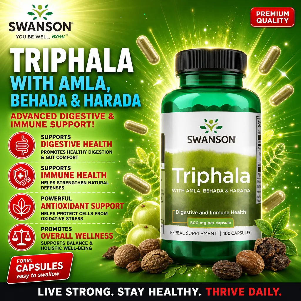 Swanson Triphala with Amla, Behada & Harada herbal supplement, 100 capsules, 500 mg per capsule, for digestive and immune health, in a green bottle with a white label.