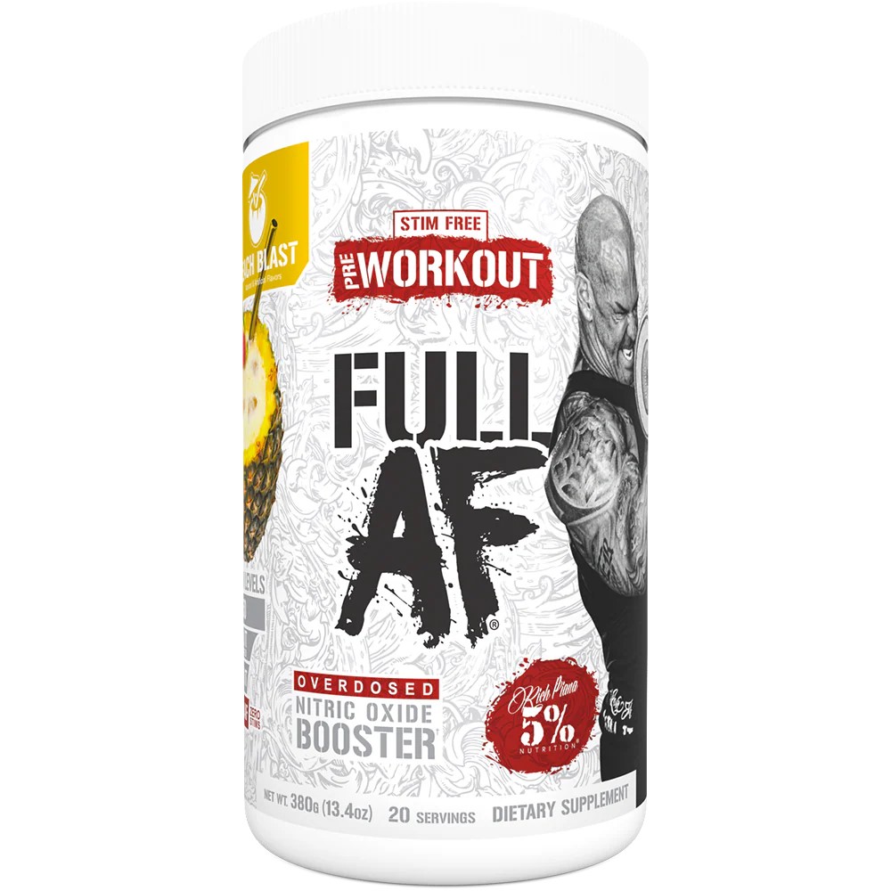 5% Nutrition Full AF nitric oxide booster pre-workout supplement, stim-free, 20 servings, Legendary Series, with a Rich Piana branding and a pineapple flavor indication on a white container.