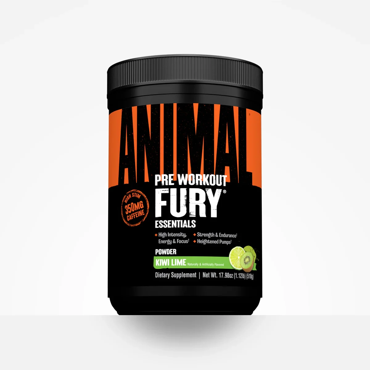 Animal Fury Pre Workout Essentials powder in kiwi lime flavour, 510g tub, high-stim with 350mg caffeine, designed for high intensity, strength, endurance, and energy focus. Black and orange packaging.