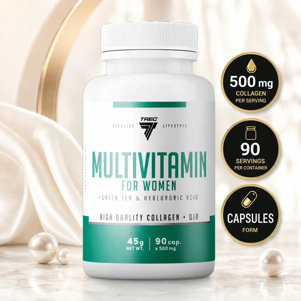 Trec Nutrition Multivitamin For Women is a capsule-form multivitamin supplement with green tea, hyaluronic acid and collagen, 90 capsules
