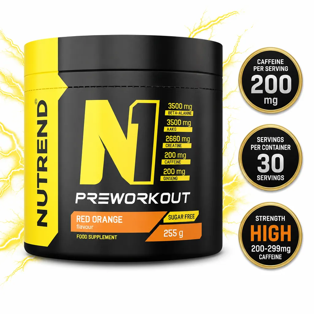 Nutrend N1 Pre Workout 255g red orange flavour sugar-free pre-workout supplement in a black and yellow tub