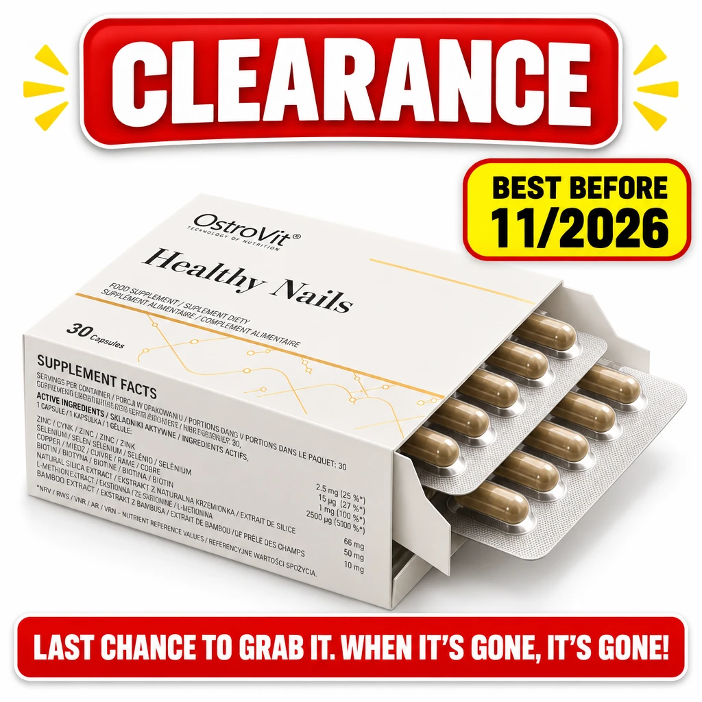 OstroVit Healthy Nails 30-capsule dietary supplement in a white-and-gold carton with capsules; best before 11/2026.