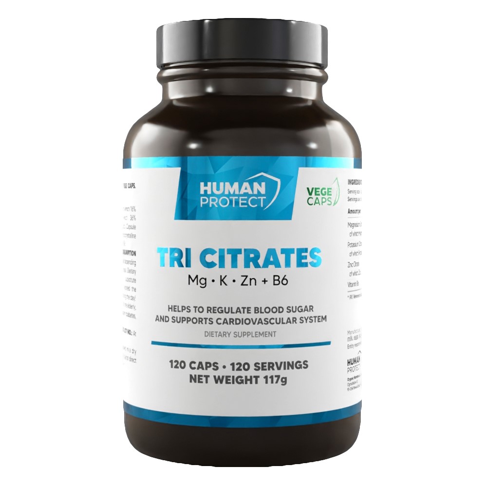 Human Protect Tri Citrates dietary supplement, 120 vege capsules, containing magnesium, potassium, zinc, and vitamin B6, designed to help regulate blood sugar and support cardiovascular health. White label with blue accents.