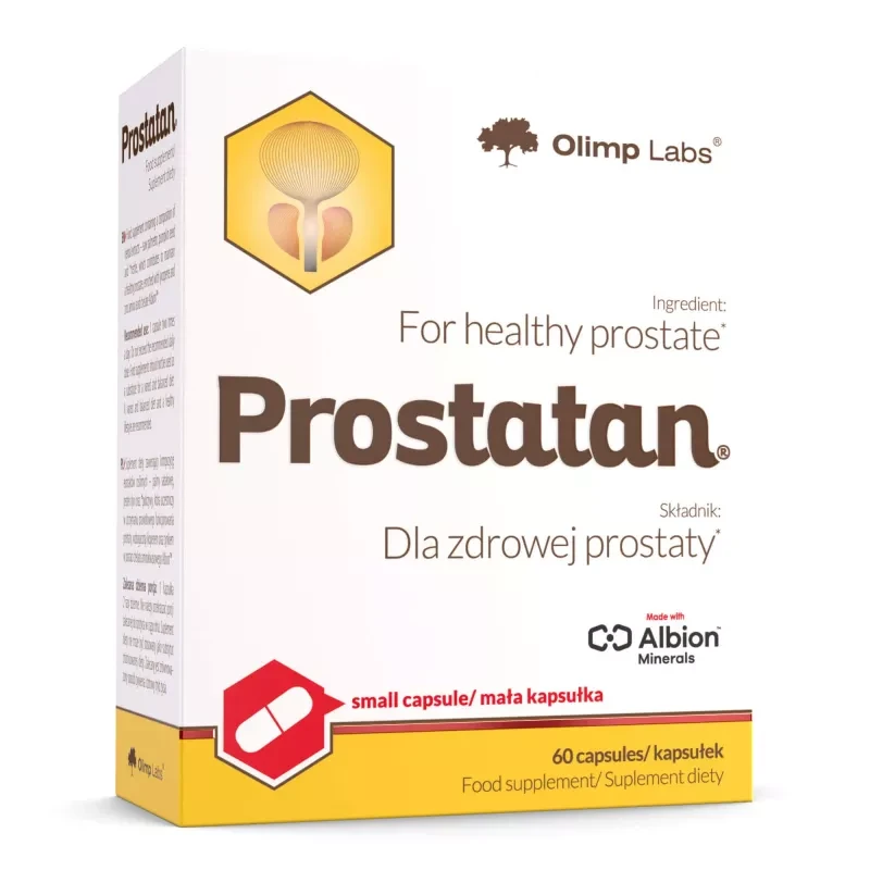 Olimp Nutrition Prostatan 60 Caps dietary supplement for prostate health, featuring saw palmetto, pumpkin seed, nettle, lycopene, and zinc in capsule form.