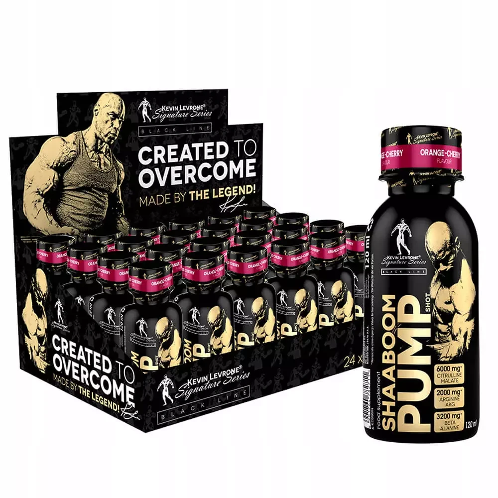 Kevin Levrone Signature Series Shaaboom Pump Shot pre-workout liquid, Orange Cherry flavour, 120 ml bottles with black and gold labels and pink bands.